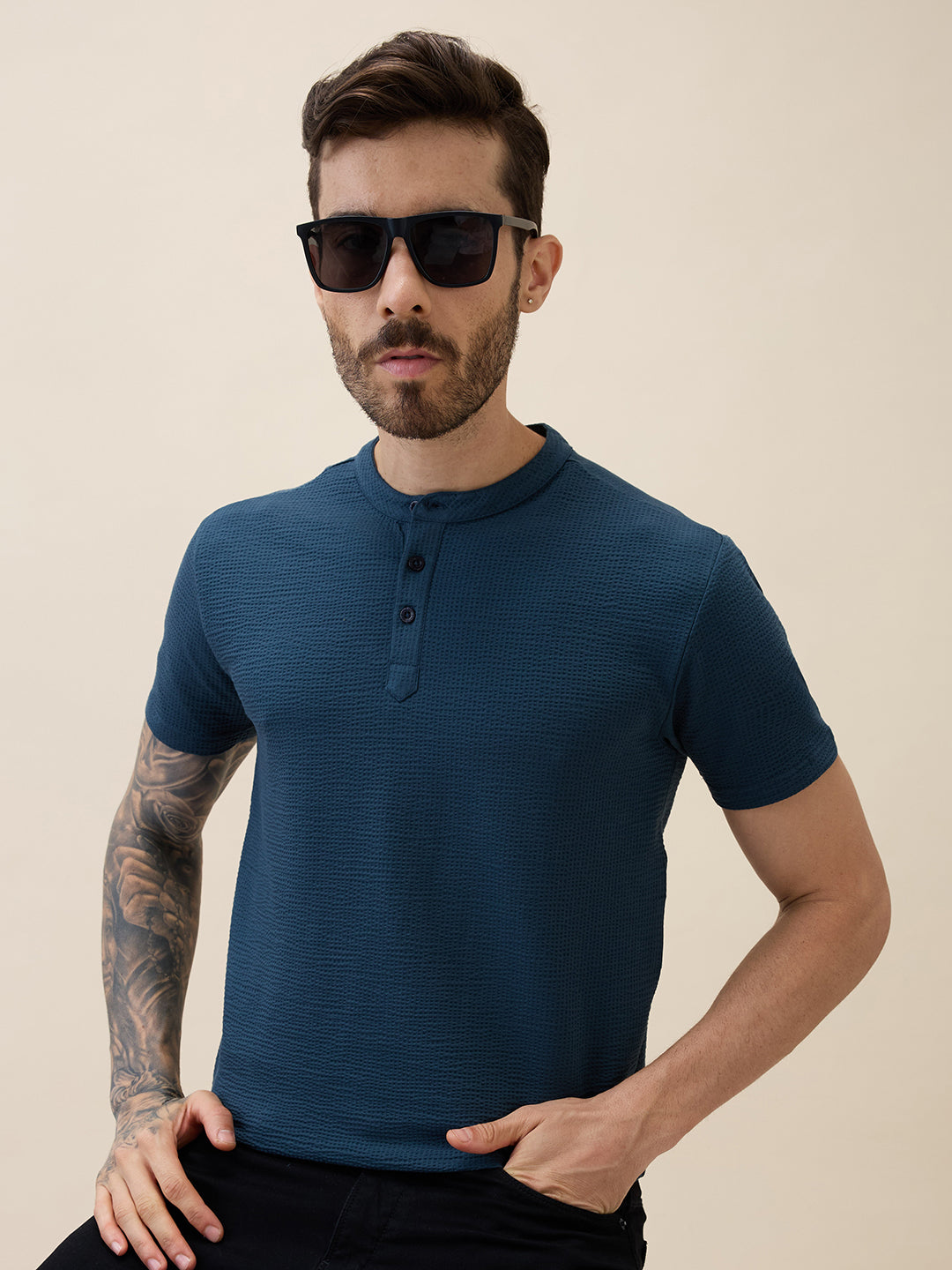 Men's Solid Henley Neck Half Sleeves Regular Fit Tshirt