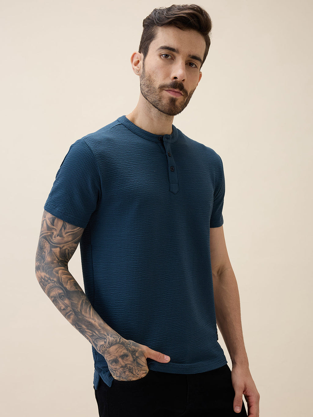 Men's Solid Henley Neck Half Sleeves Regular Fit Tshirt