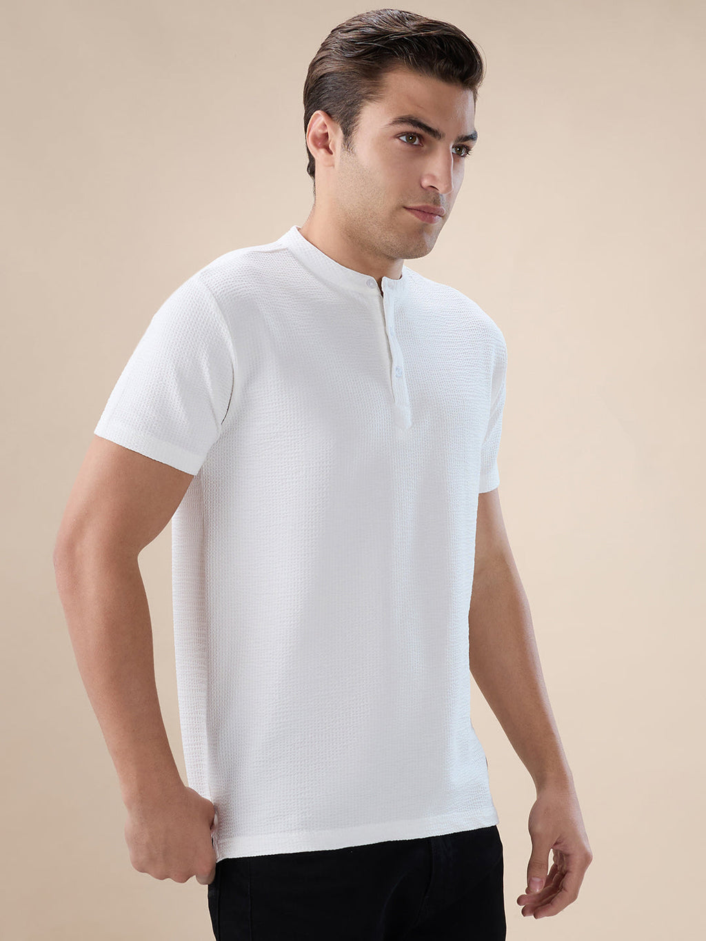Mens Solid Henley Neck Half Sleeves Regular Fit T-shirt