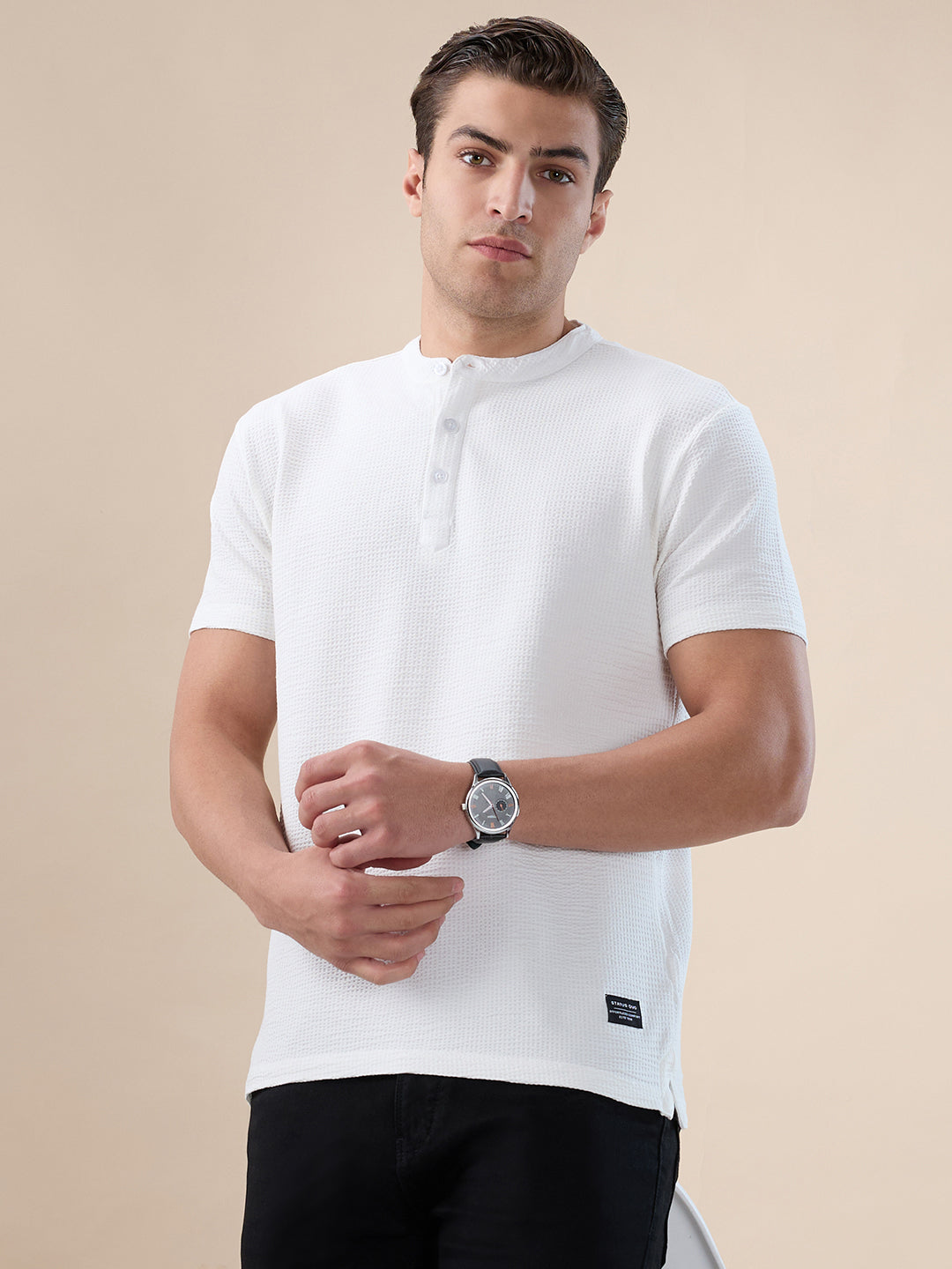 Mens Solid Henley Neck Half Sleeves Regular Fit T-shirt