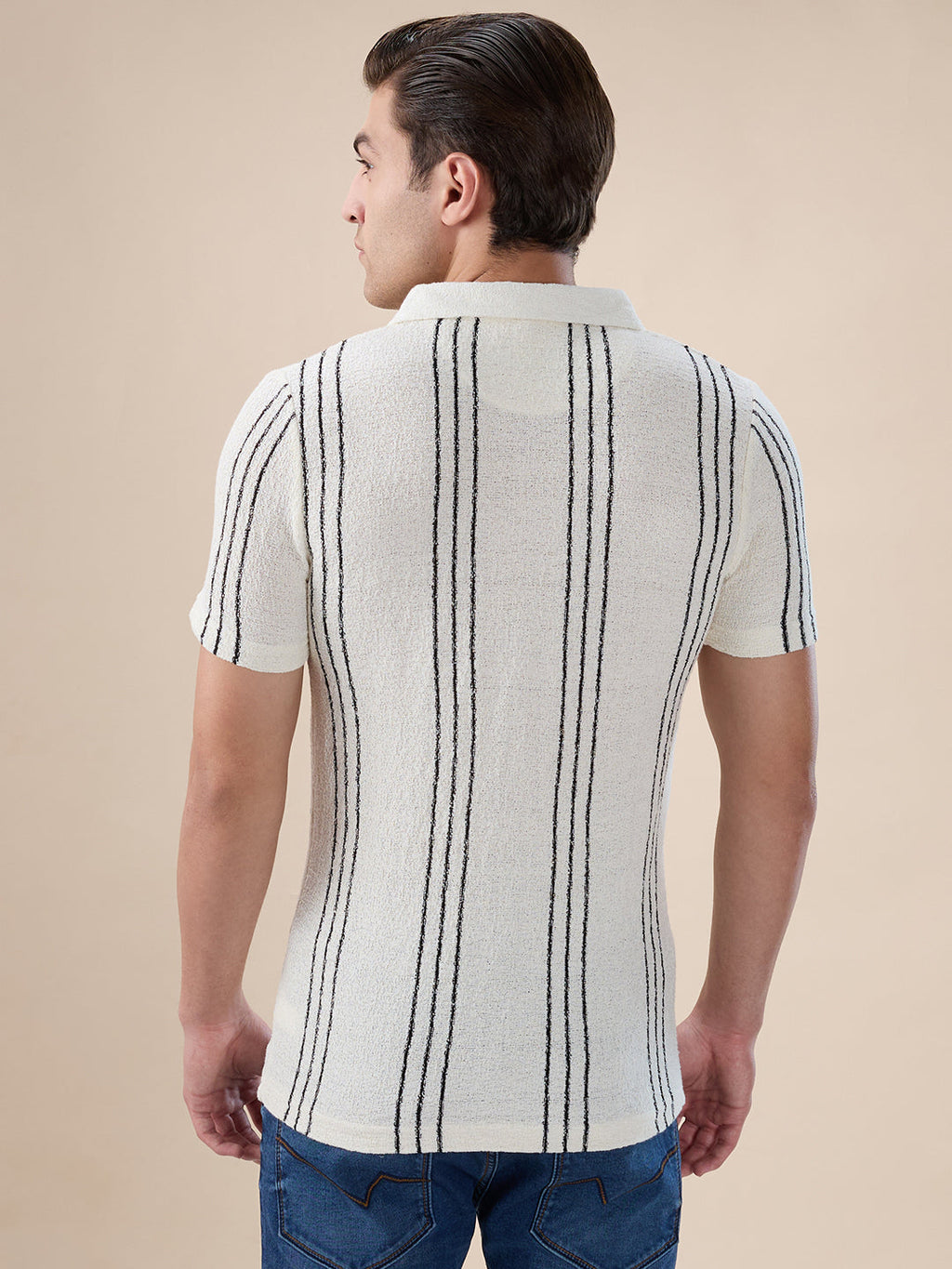 Mens Striped Regular Fit Half Sleeves Knitted Polo T-shirt