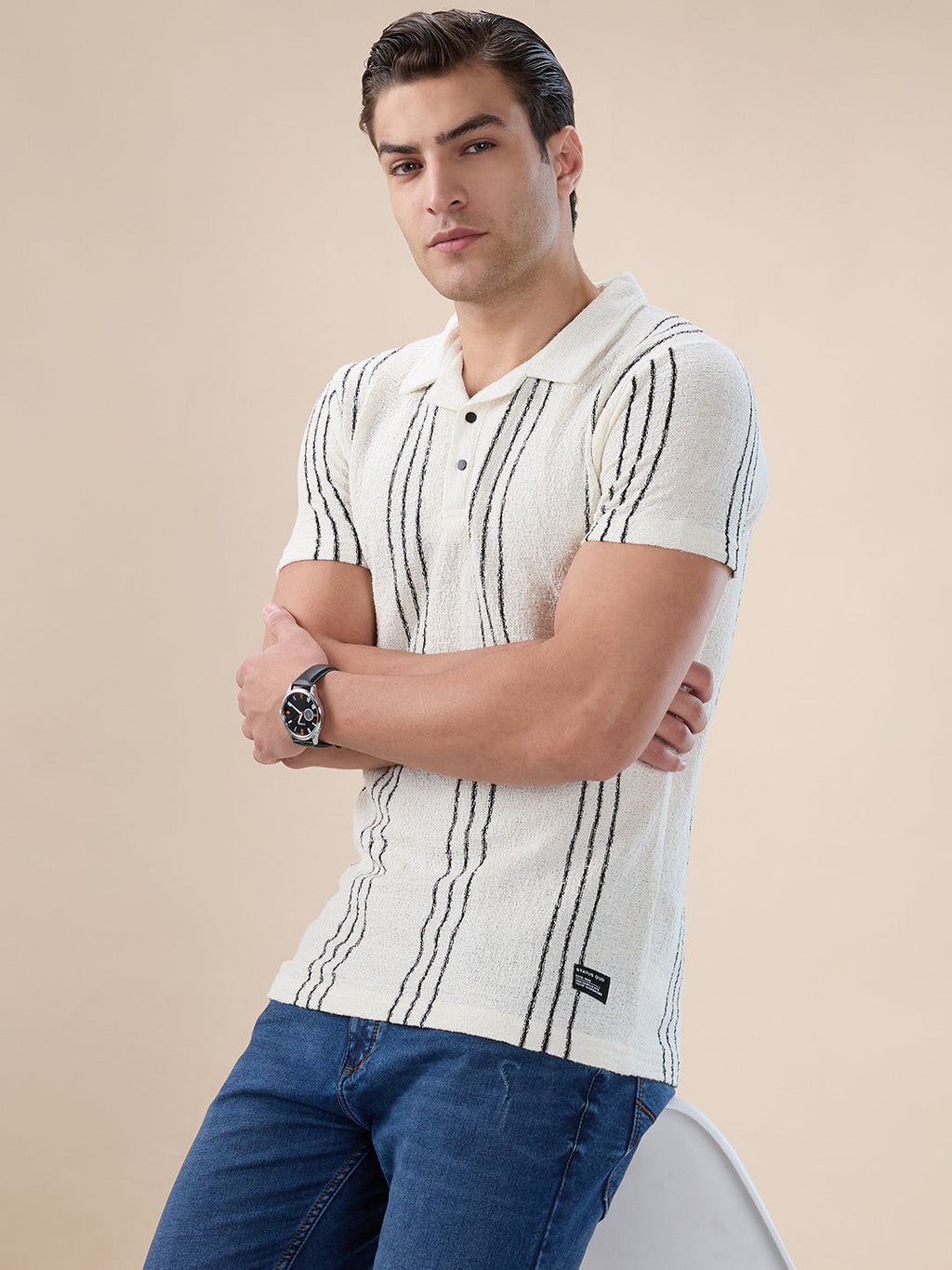 Mens Striped Regular Fit Half Sleeves Knitted Polo T-shirt