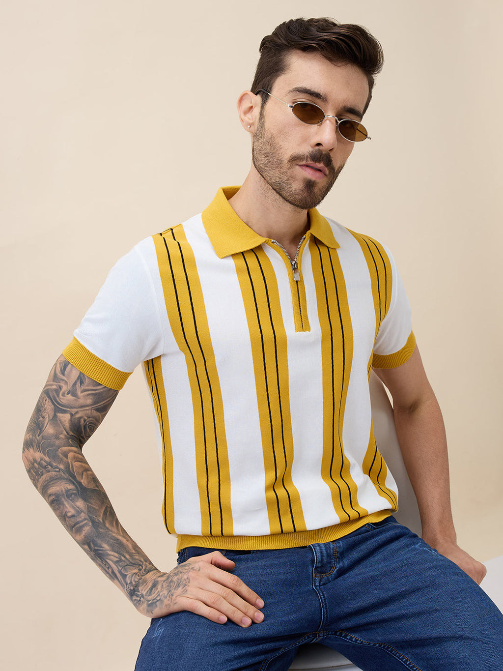 Men's Striped Polo Collar Half Sleeves Regular Fit Tshirt