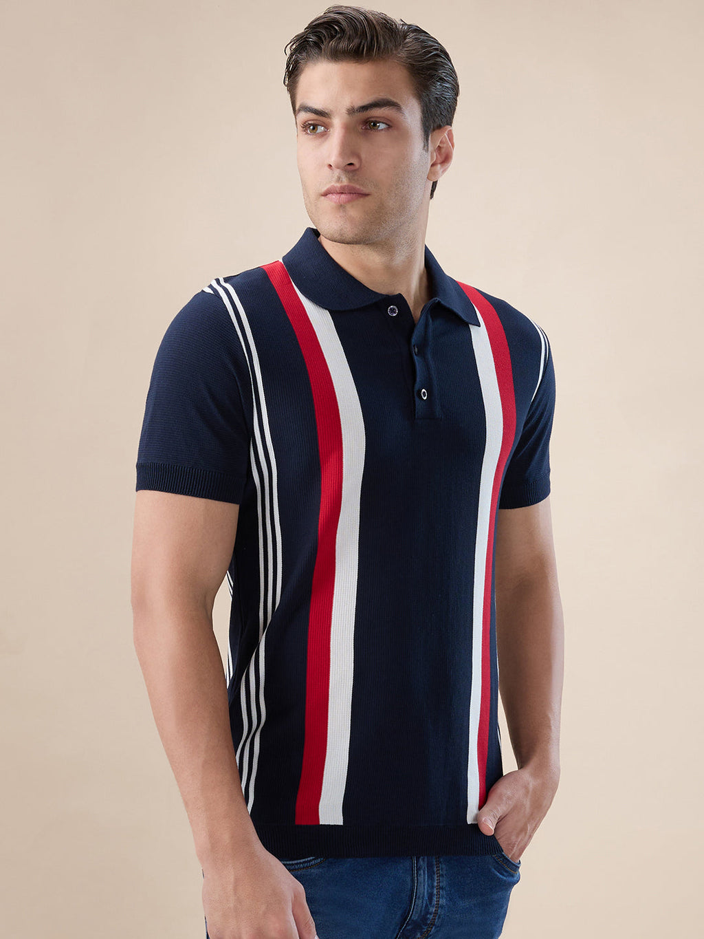 Mens Striped Half Sleeves Regular Fit Polo T-Shirt with Button Closure