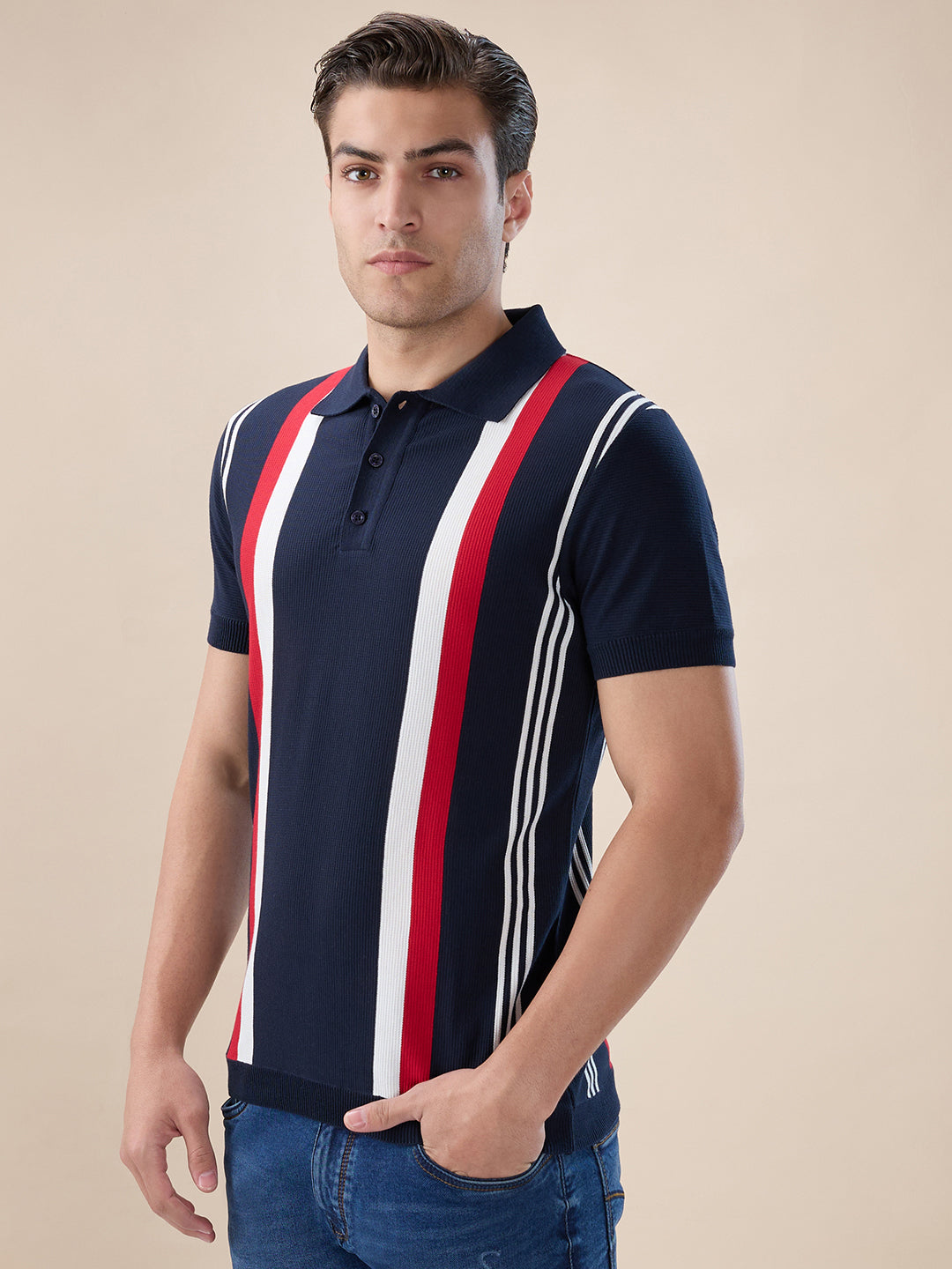 Mens Striped Half Sleeves Regular Fit Polo T-Shirt with Button Closure Secondary image