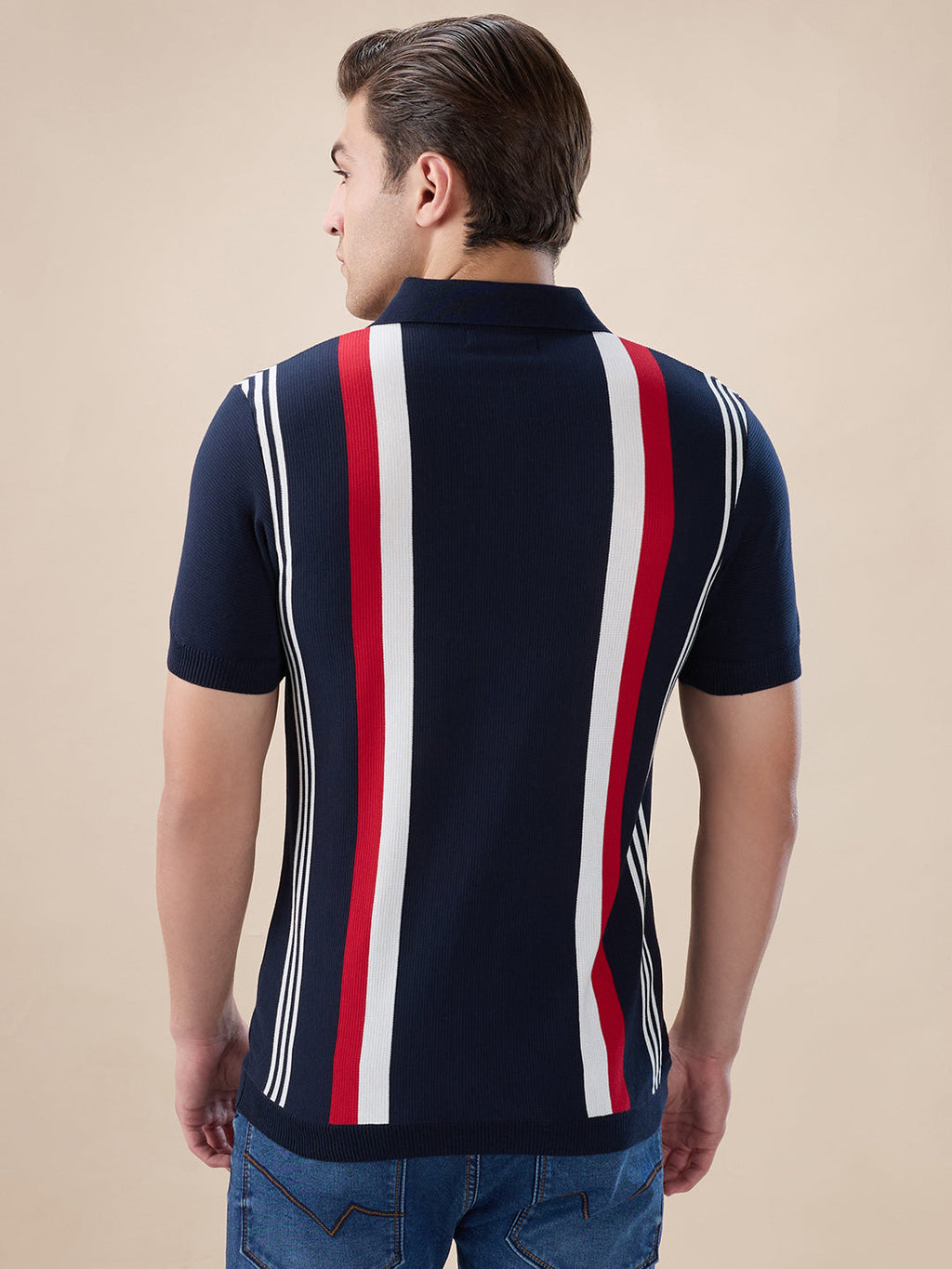 Mens Striped Half Sleeves Regular Fit Polo T-Shirt with Button Closure