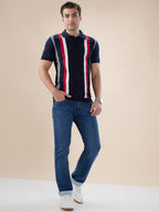 Mens Striped Half Sleeves Regular Fit Polo T-Shirt with Button Closure