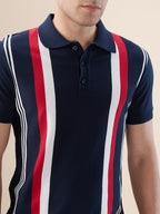 Mens Striped Half Sleeves Regular Fit Polo T-Shirt with Button Closure