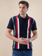 Mens Striped Half Sleeves Regular Fit Polo T-Shirt with Button Closure