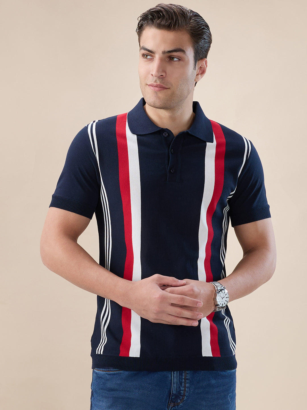 Mens Striped Half Sleeves Regular Fit Polo T-Shirt with Button Closure