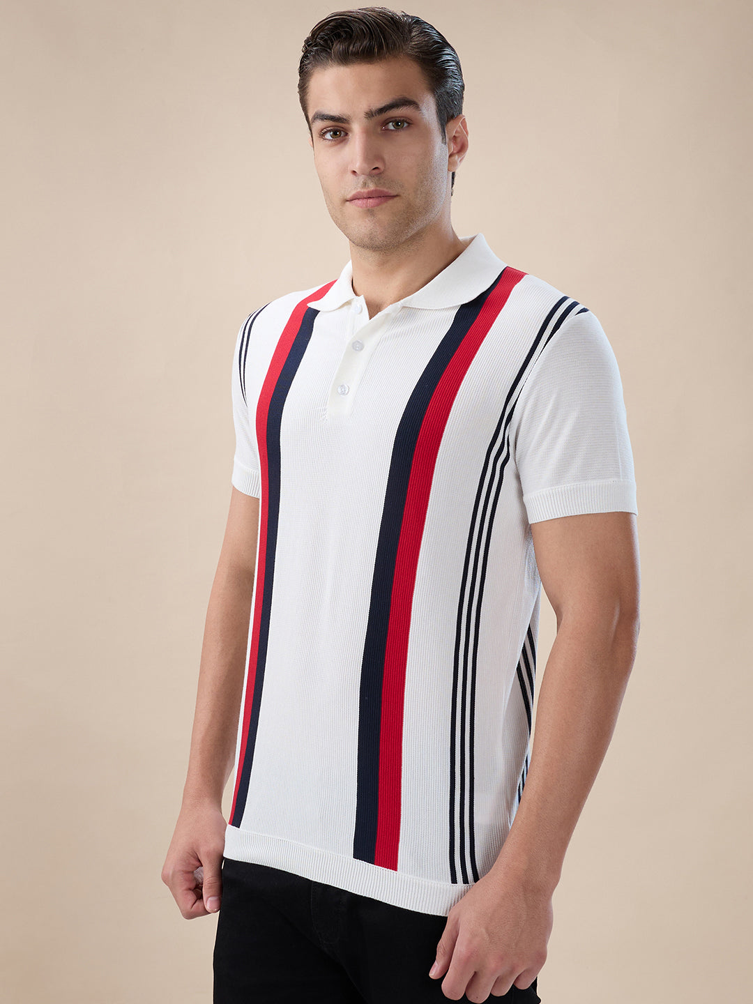 Off White Striped Button Closure Polo