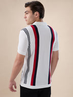 Off White Striped Button Closure Polo