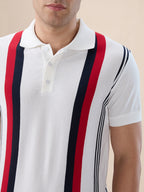 Off White Striped Button Closure Polo