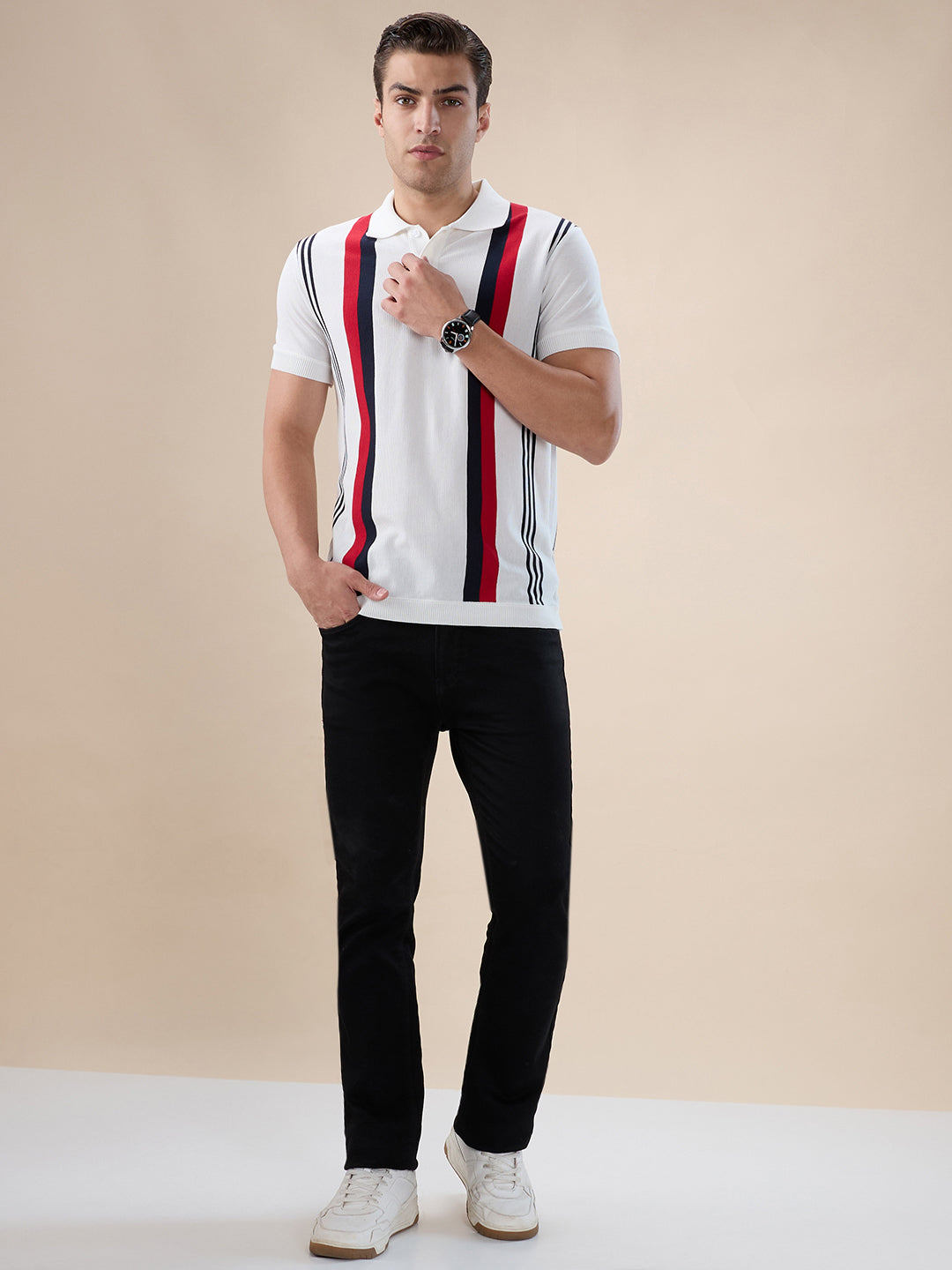 Off White Striped Button Closure Polo
