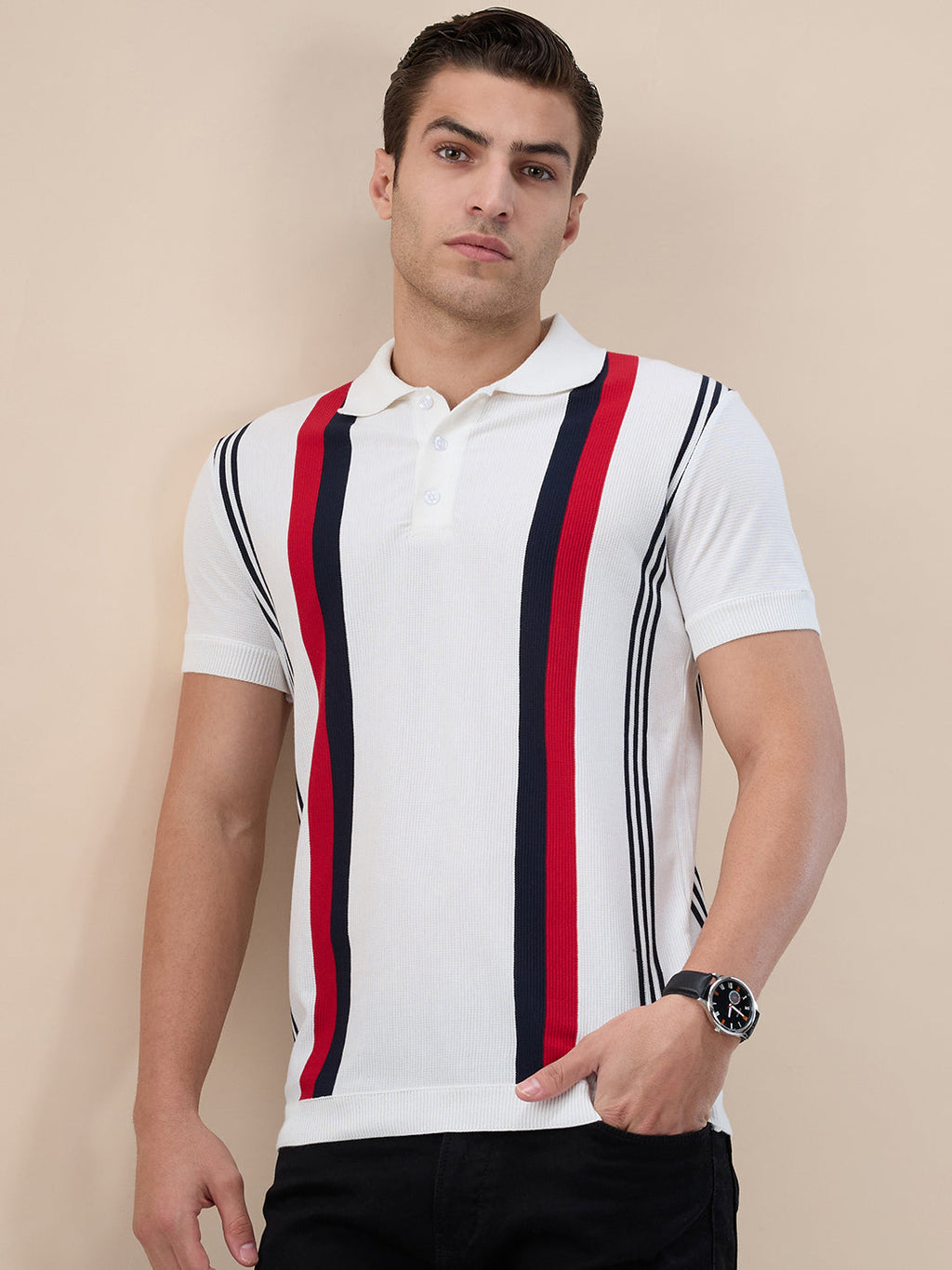 Off White Striped Button Closure Polo