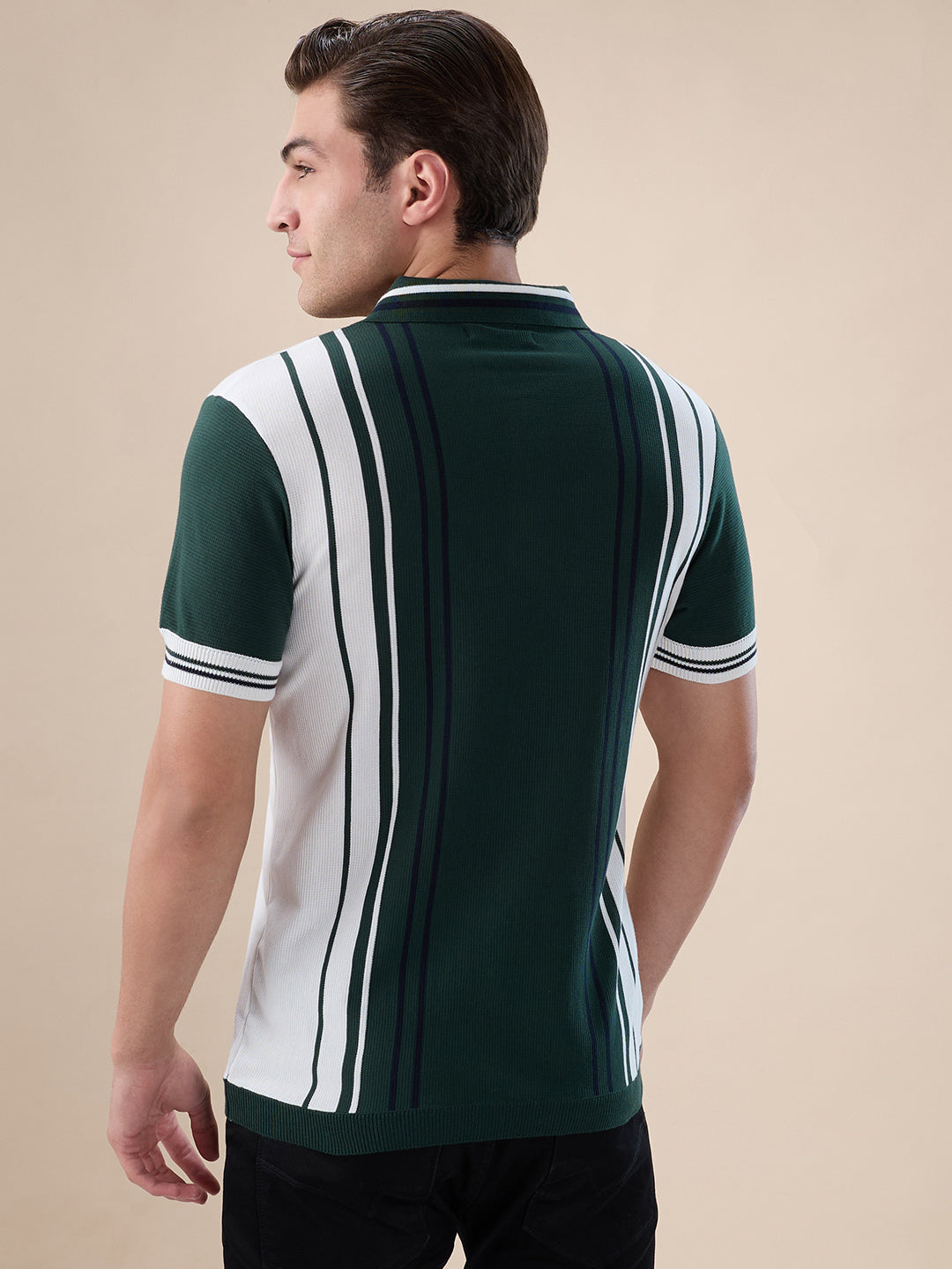 B.Green Striped Button Closure Polo