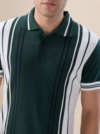 B.Green Striped Button Closure Polo
