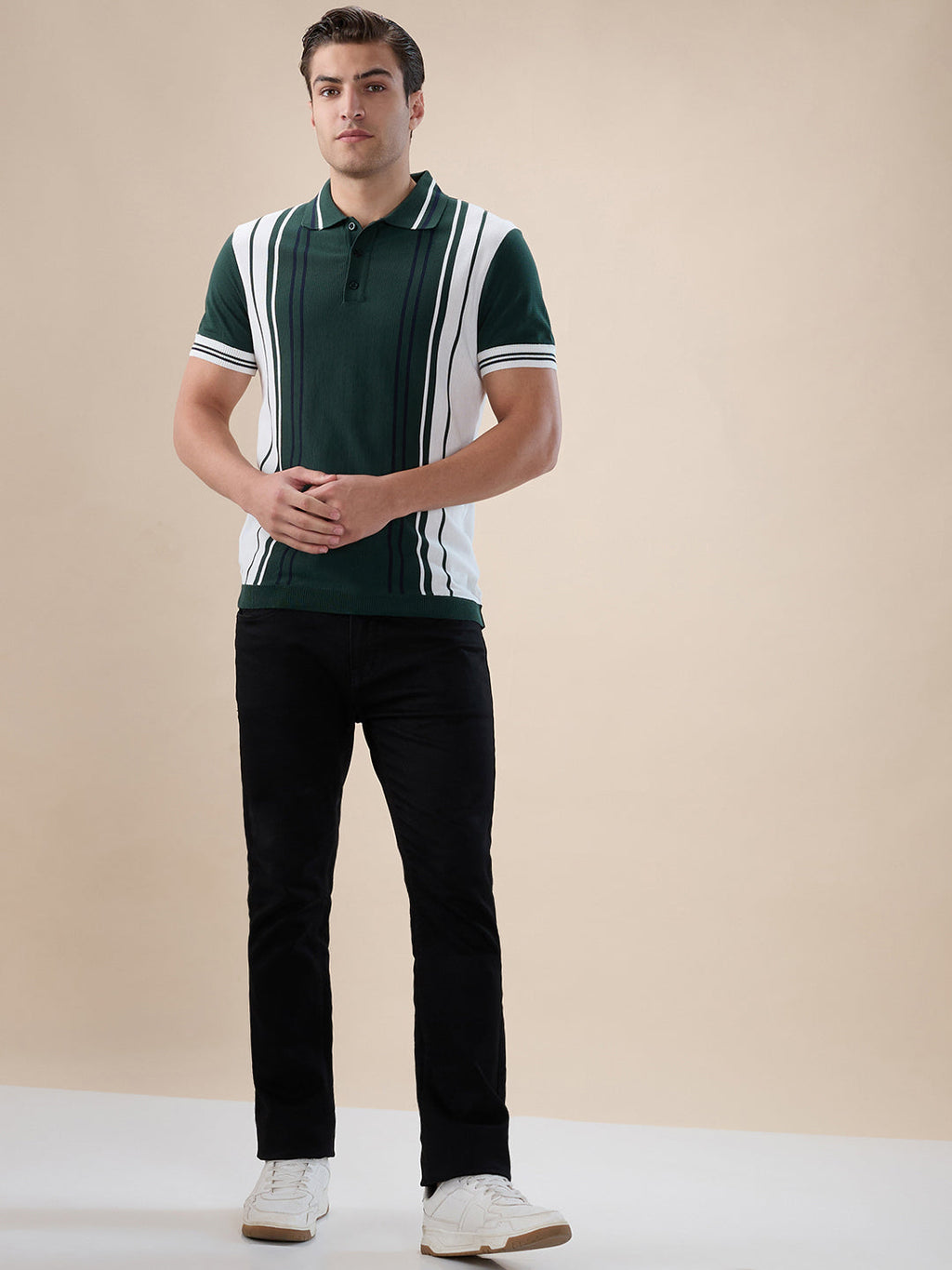 B.Green Striped Button Closure Polo
