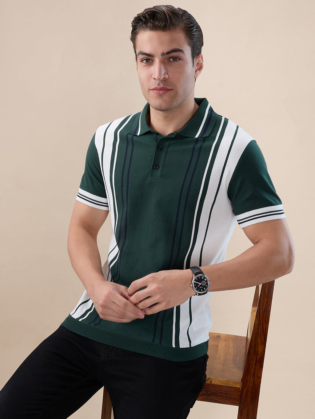 B.Green Striped Button Closure Polo