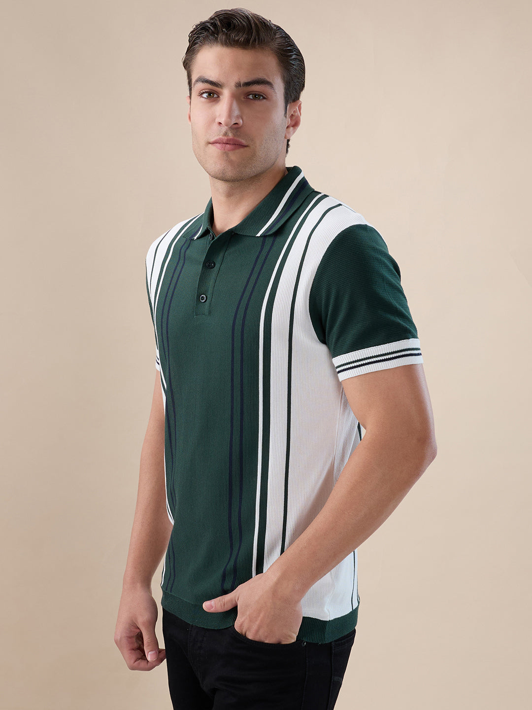 B.Green Striped Button Closure Polo Main image