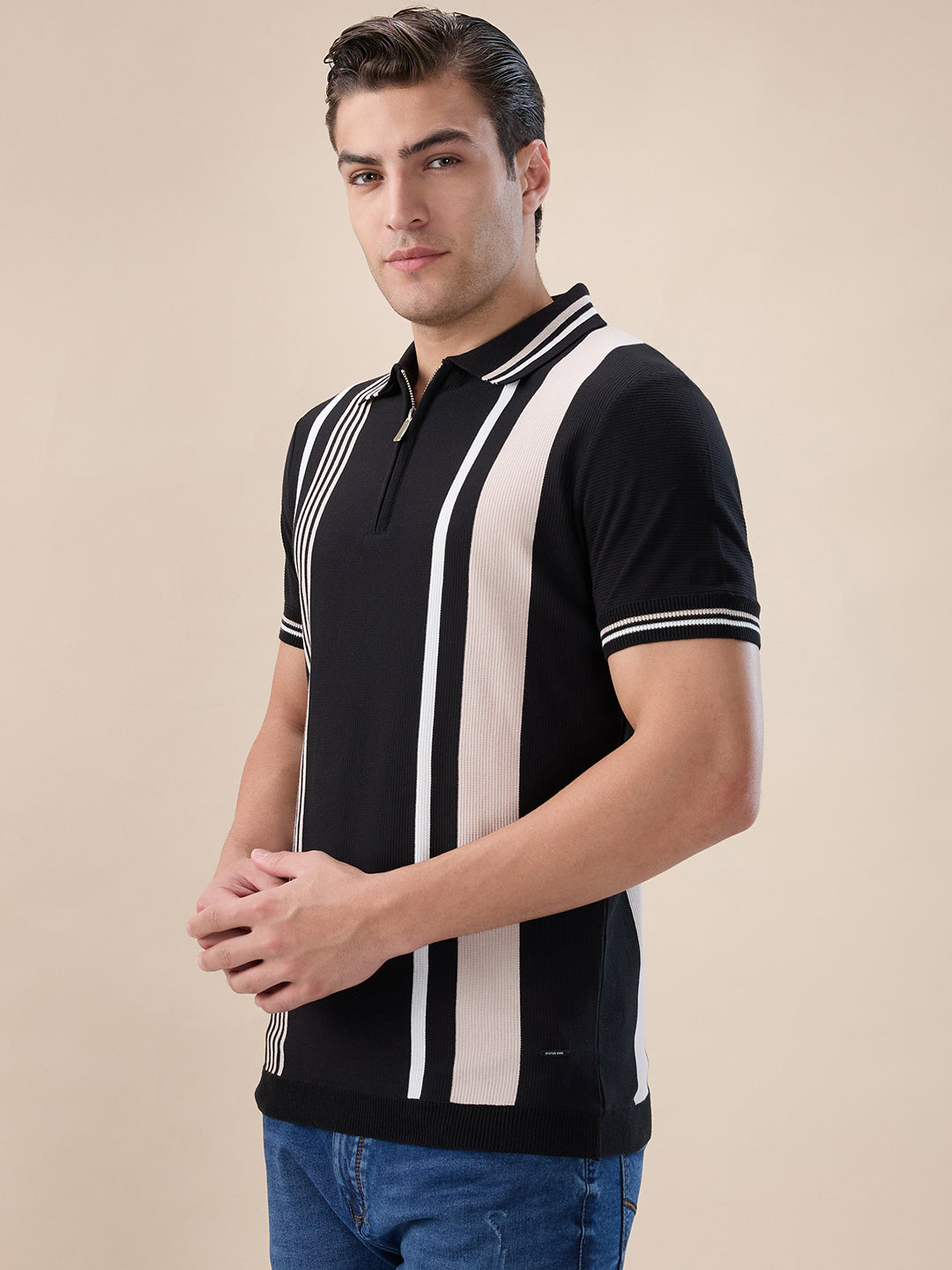 Black Striped Half Zipper Polo Main image