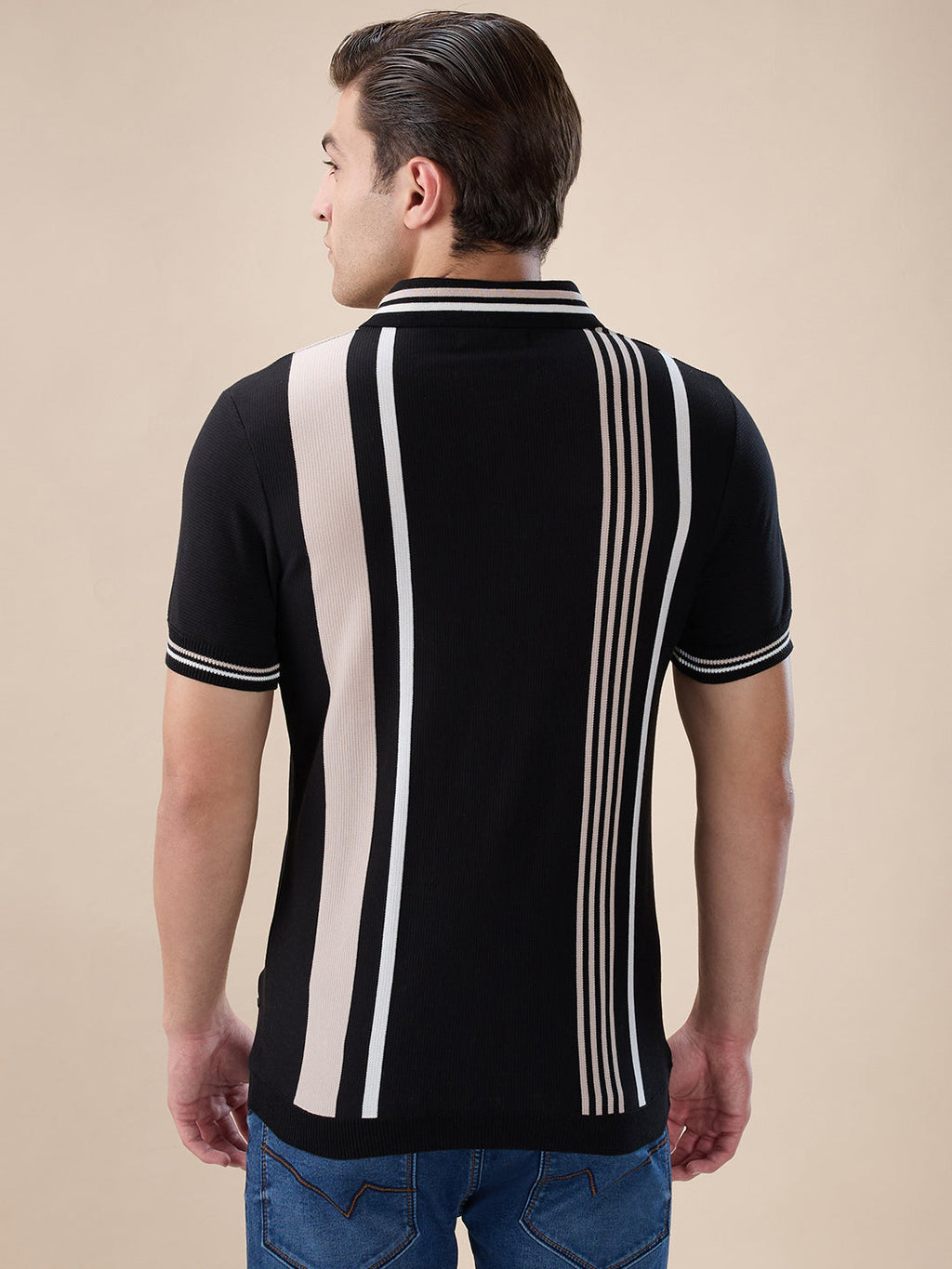 Black Striped Half Zipper Polo