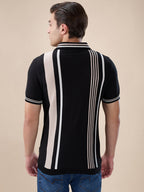 Black Striped Half Zipper Polo