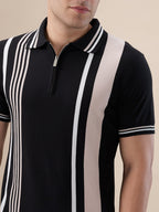 Black Striped Half Zipper Polo