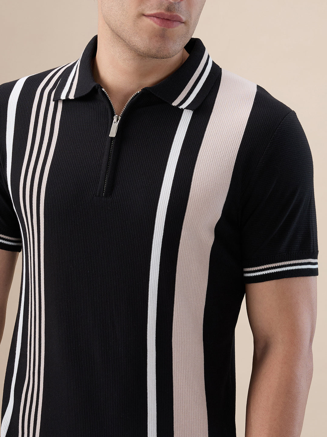 Black Striped Half Zipper Polo
