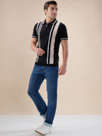 Black Striped Half Zipper Polo