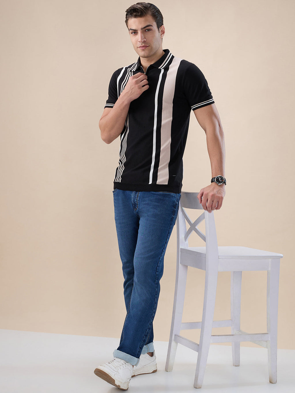 Black Striped Half Zipper Polo