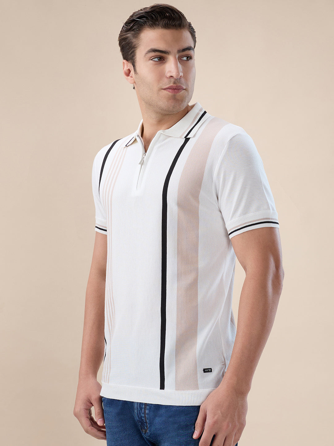 Off White Striped Half Zipper Polo