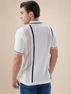Off White Striped Half Zipper Polo