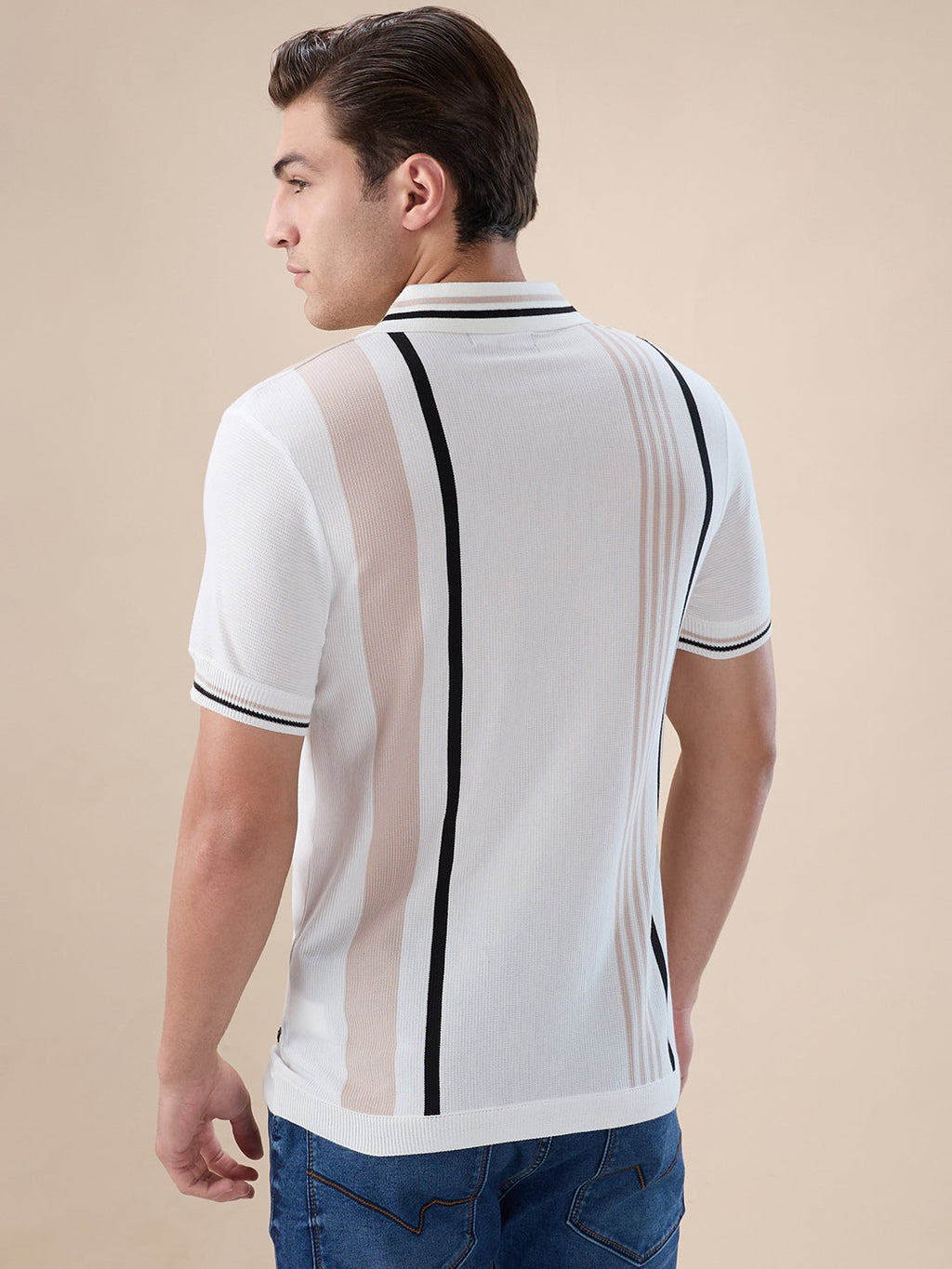 Off White Striped Half Zipper Polo