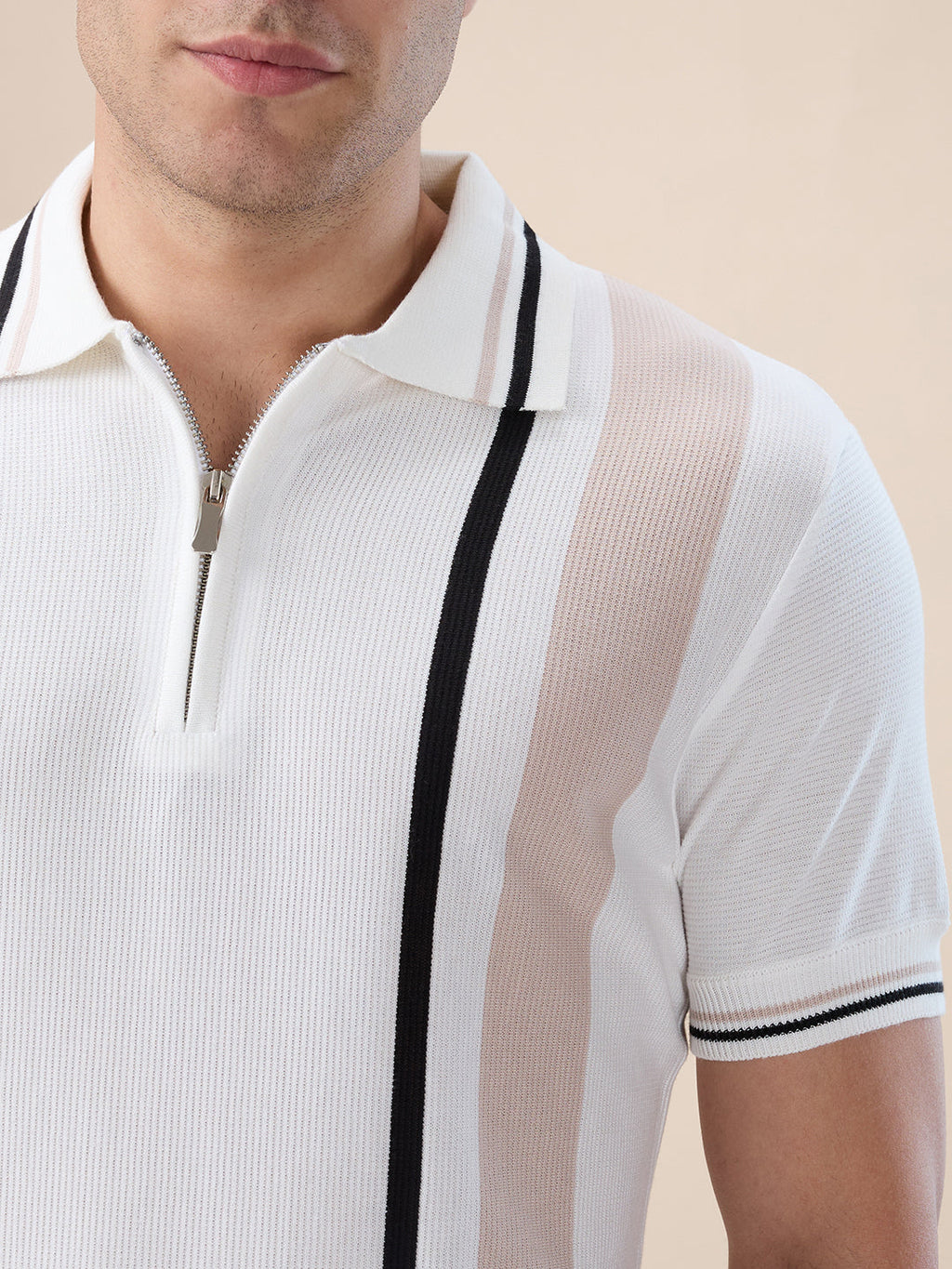 Off White Striped Half Zipper Polo