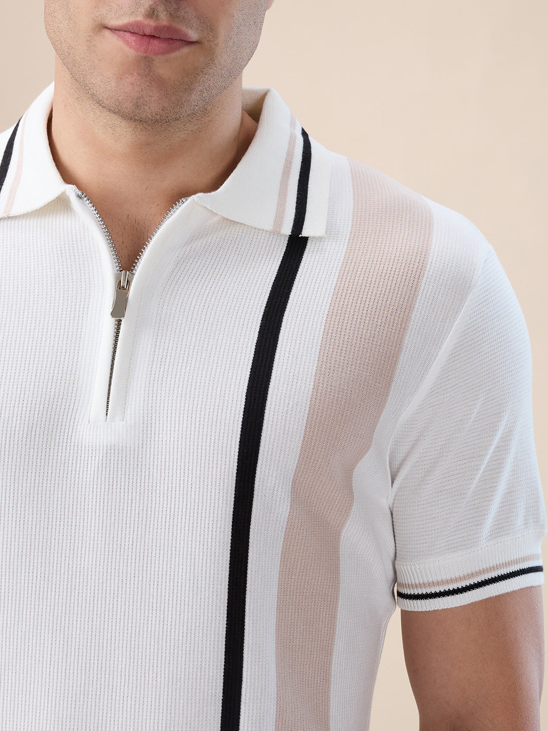 Off White Striped Half Zipper Polo