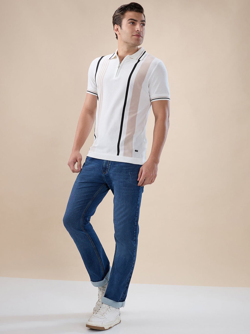 Off White Striped Half Zipper Polo