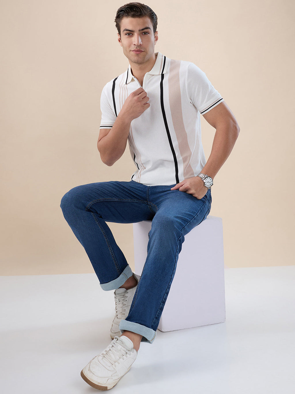 Off White Striped Half Zipper Polo