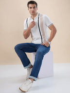 Off White Striped Half Zipper Polo