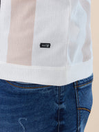 Off White Striped Half Zipper Polo
