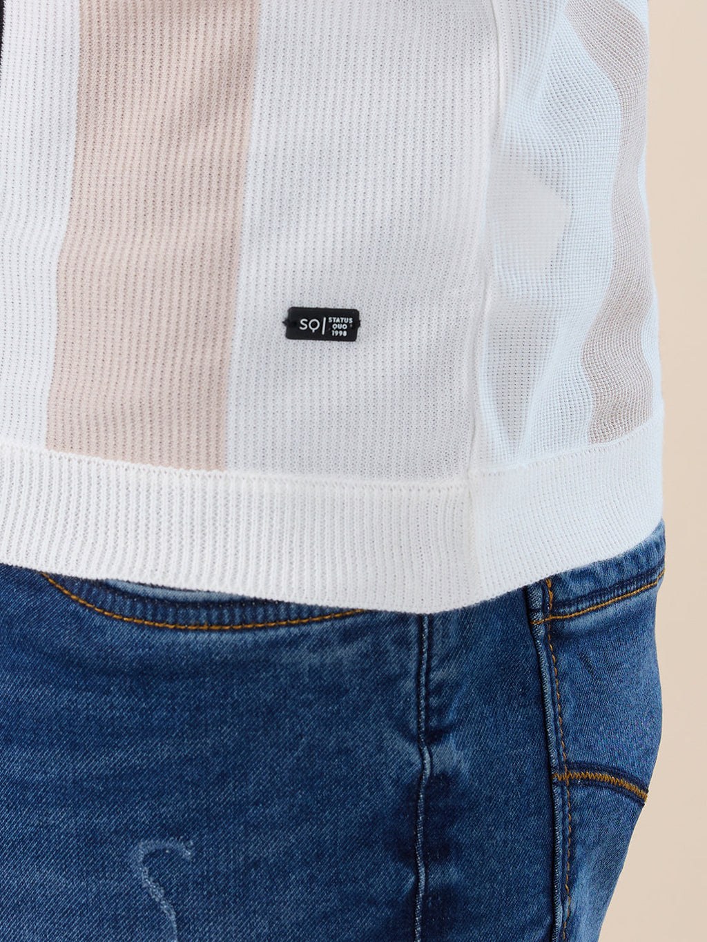 Off White Striped Half Zipper Polo