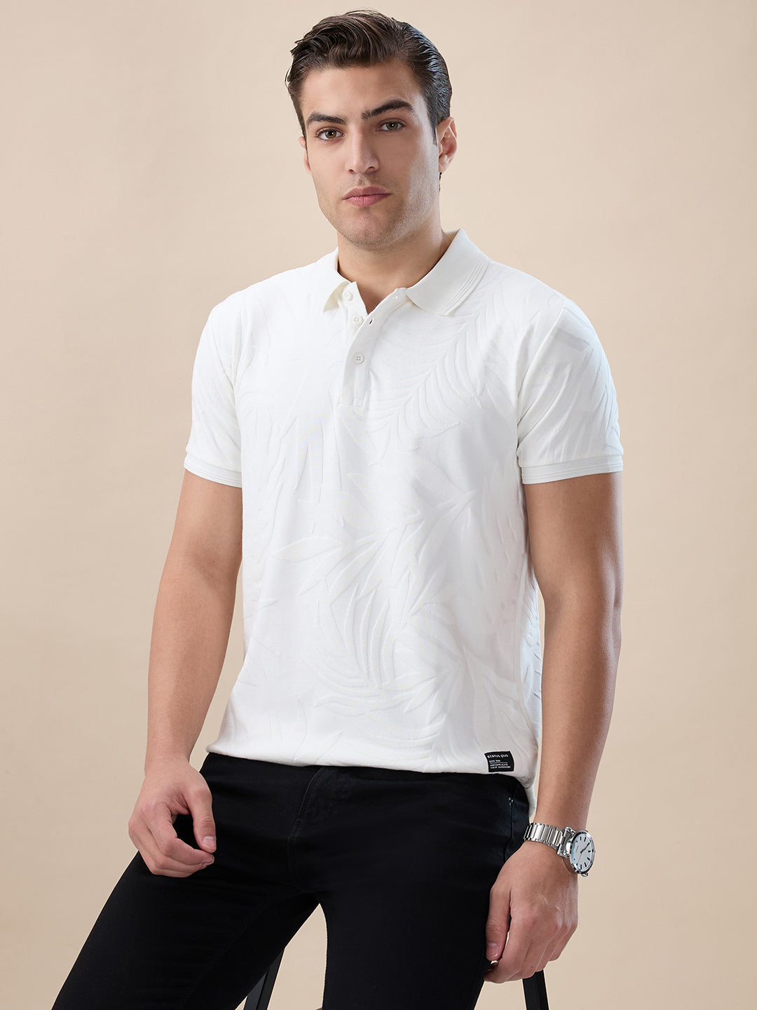 Off White Tribal Textured Polo Main image