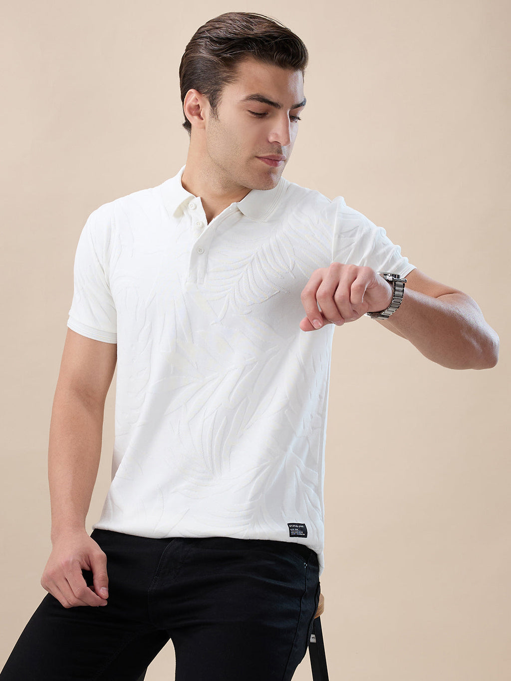 Off White Tribal Textured Polo