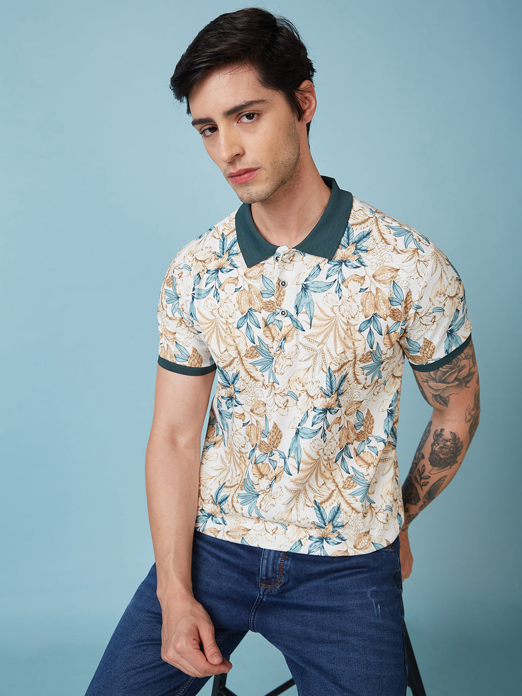 Men's Printed Cuban Collar Half Sleeves T-shirts