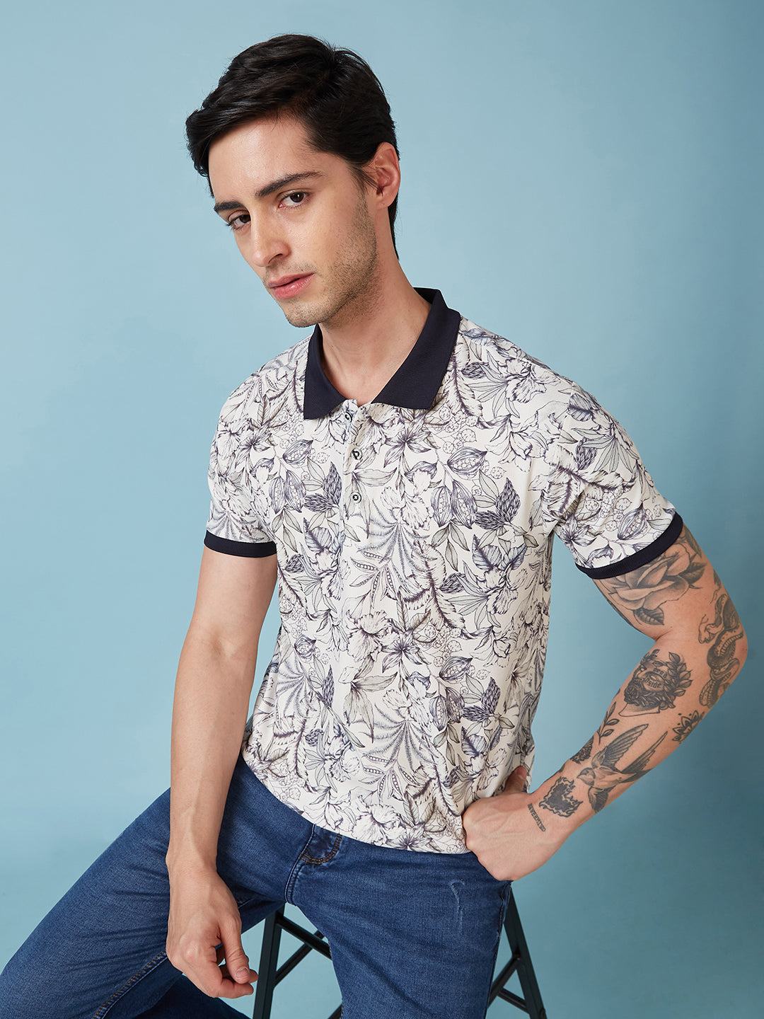 Men's Printed Cuban Collar Half Sleeves T-shirts
