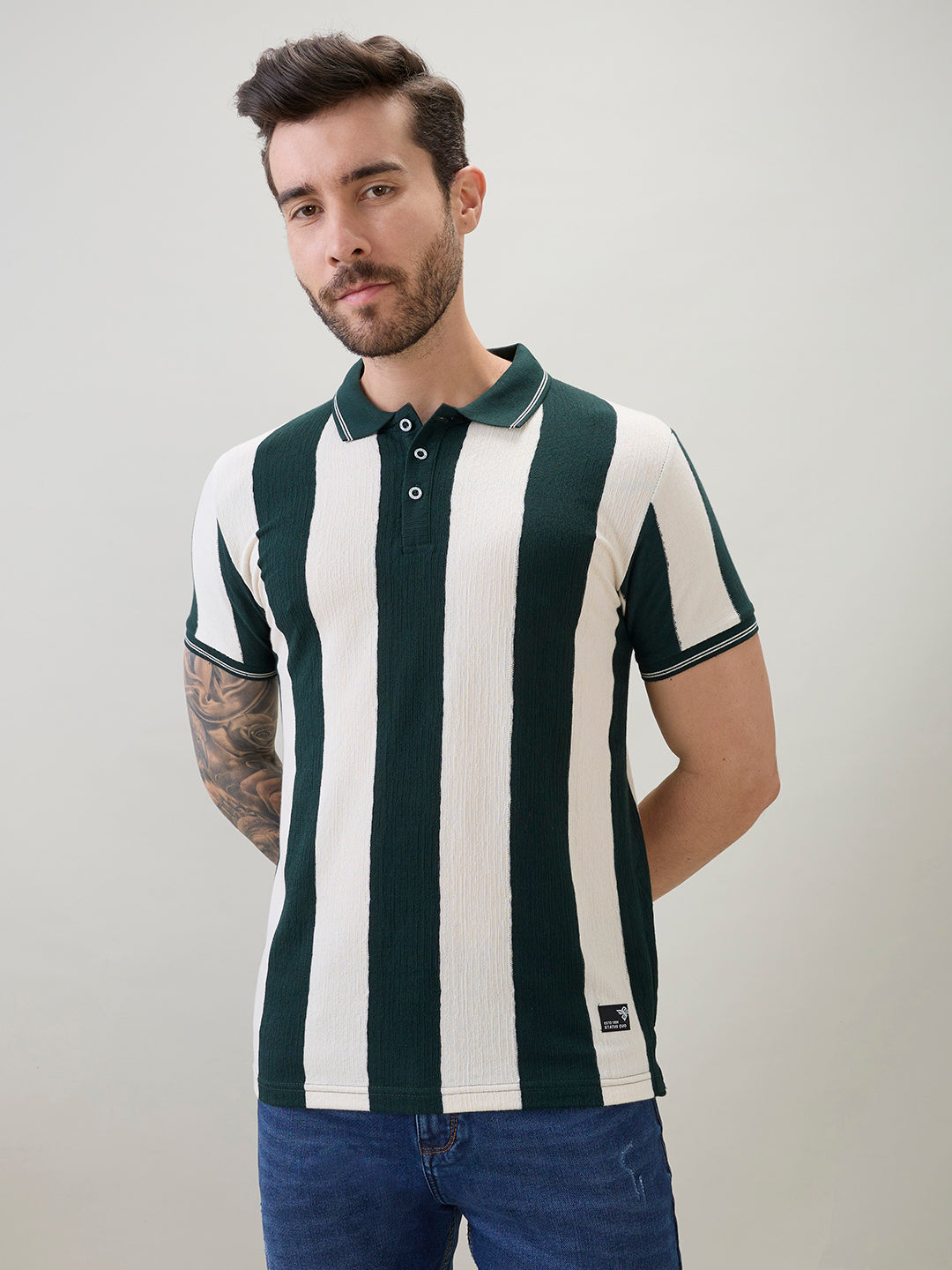 Men's Striped Regular Fit Polo T-Shirt with Tipping Detail and Half Sleeves