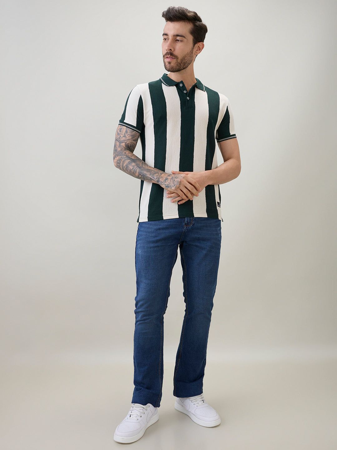 Men's Striped Regular Fit Polo T-Shirt with Tipping Detail and Half Sleeves