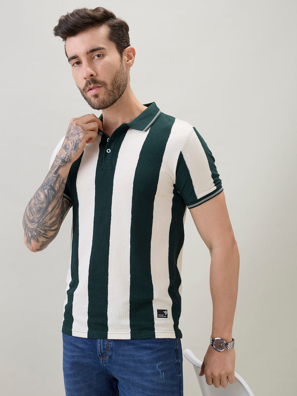 Men's Striped Regular Fit Polo T-Shirt with Tipping Detail and Half Sleeves