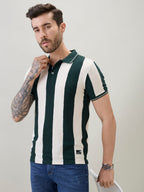 Men's Striped Regular Fit Polo T-Shirt with Tipping Detail and Half Sleeves