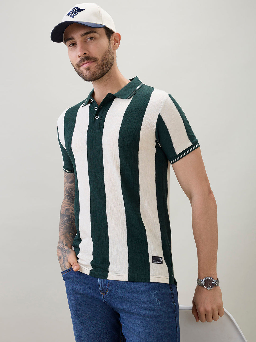 Men's Striped Regular Fit Polo T-Shirt with Tipping Detail and Half Sleeves